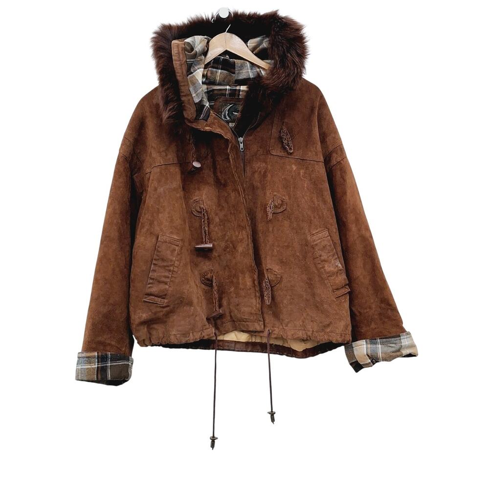 Vintage G-III Genuine Suede Hooded Parka Fur Trim Plaid L